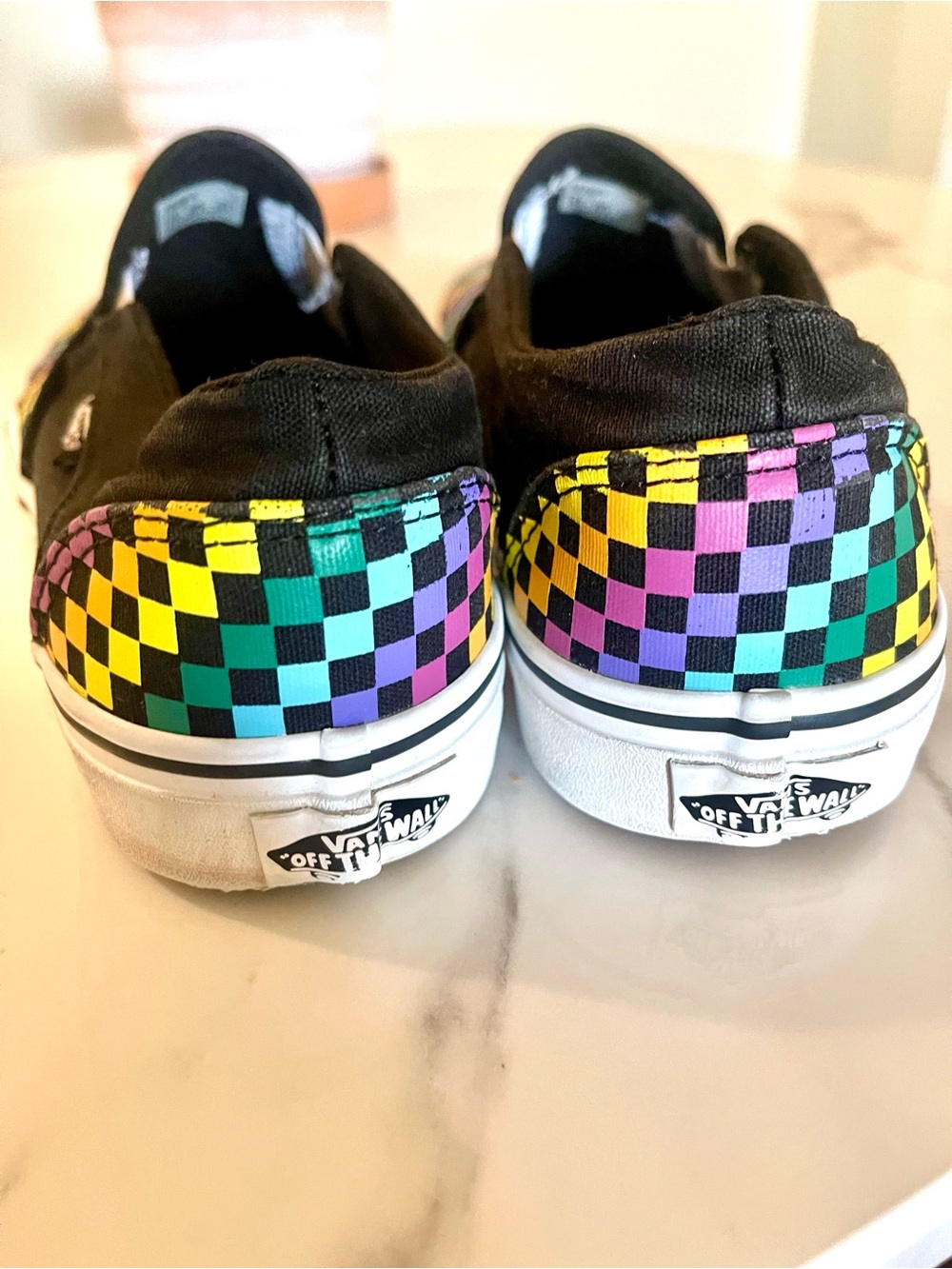 Vans Women's Slip-On Checkerboard Flats in Black, Yellow, Green, Purple, Teal - Picture 4 of 5